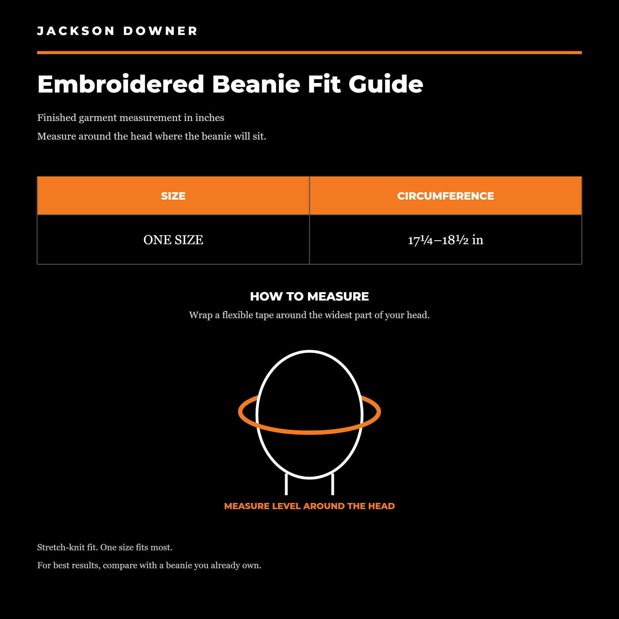 Embroidered Beanie fit guide. One size, fitting a head circumference from 17.25 to 18.5 inches.