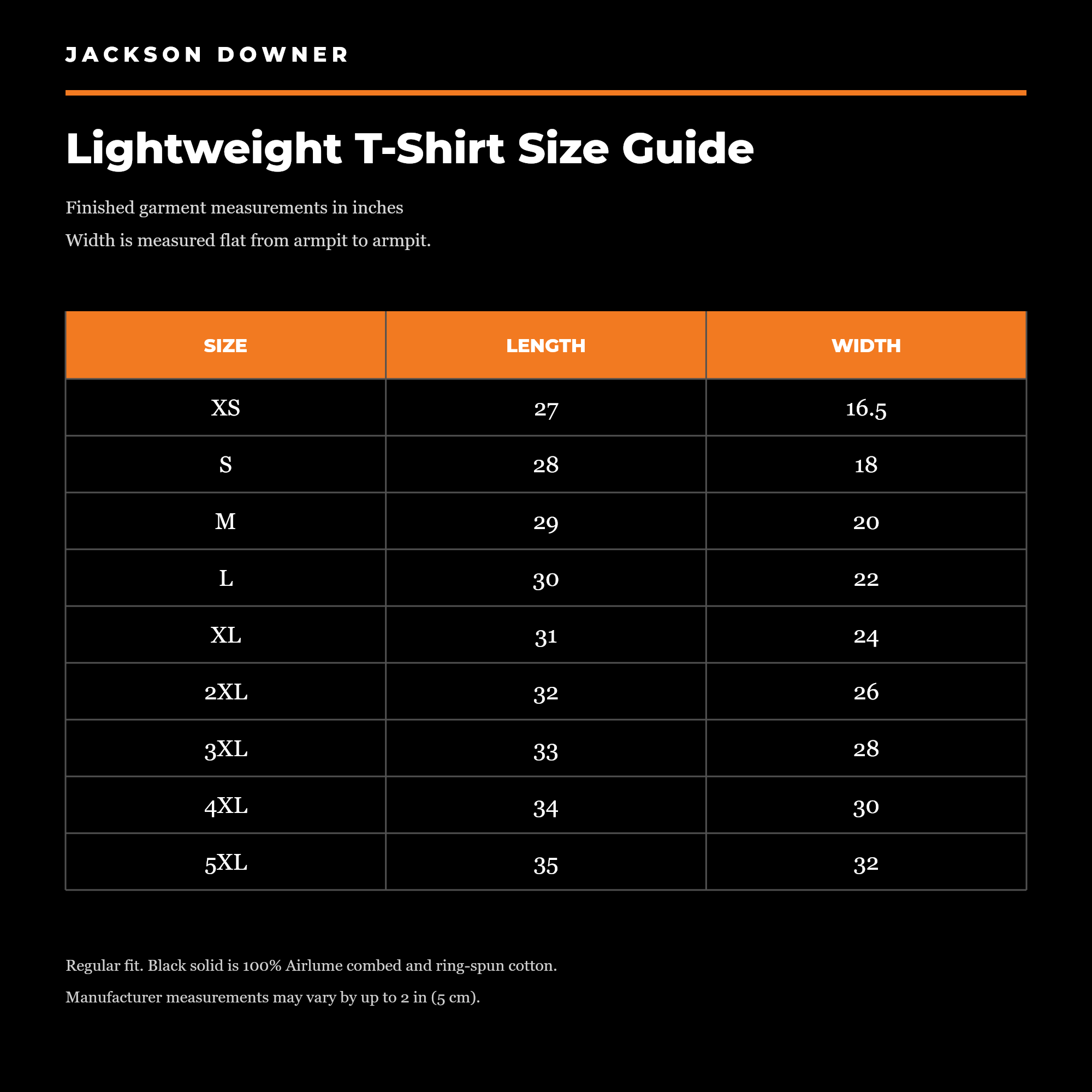 Lightweight T-Shirt size guide. XS: length 27 inches, width 16.5. S: 28 by 18. M: 29 by 20. L: 30 by 22. XL: 31 by 24. 2XL: 32 by 26. 3XL: 33 by 28. 4XL: 34 by 30. 5XL: 35 by 32.